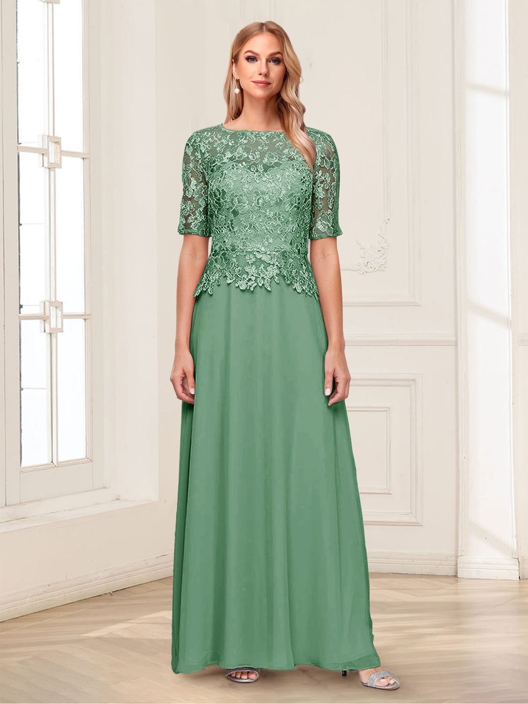 A-Line/Princess Scoop Half Sleeves Floor-Length Mother of the Bride Dresses with Applique &amp; Lace