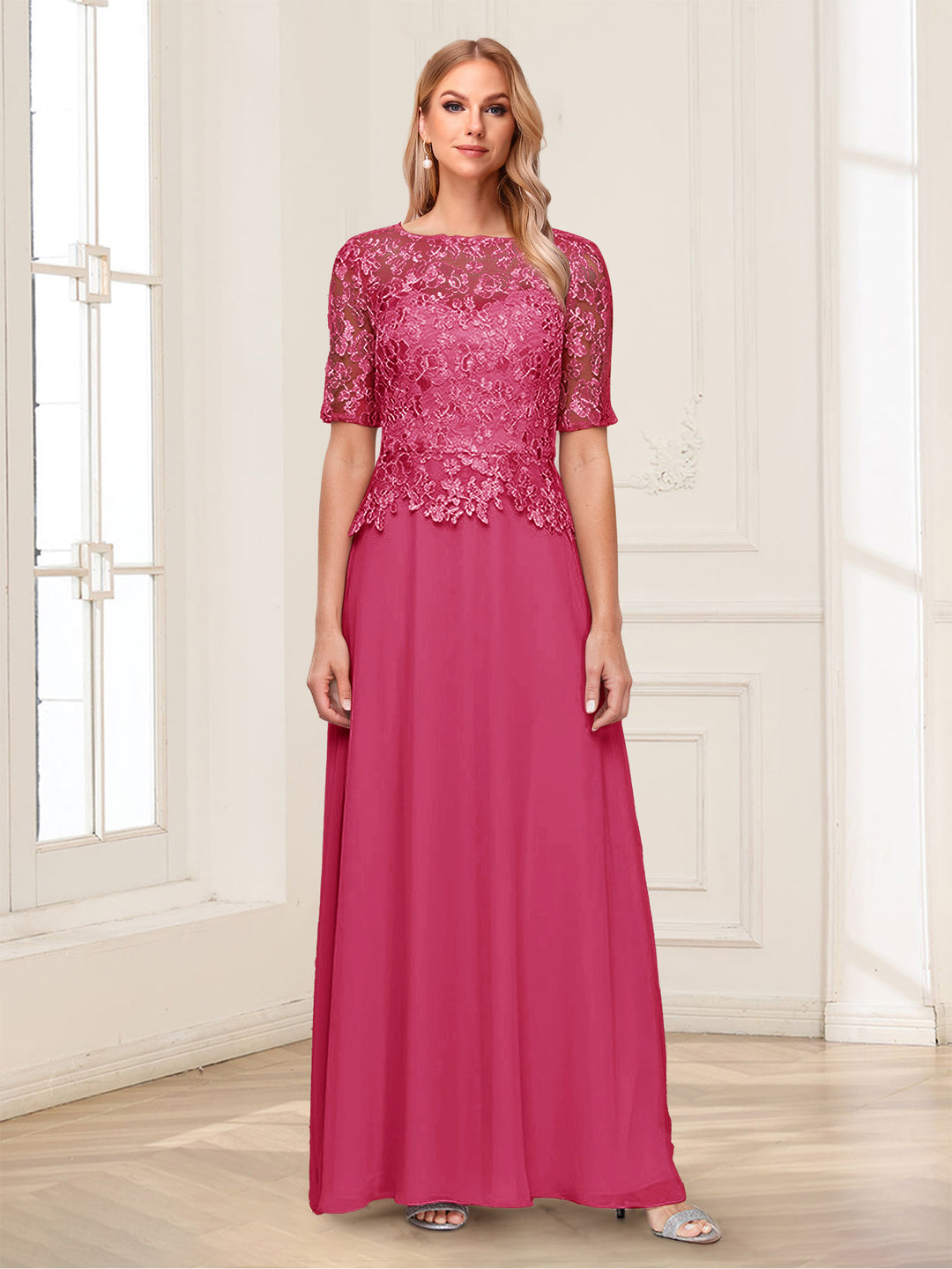 A-Line/Princess Scoop Half Sleeves Floor-Length Mother of the Bride Dresses with Applique &amp; Lace