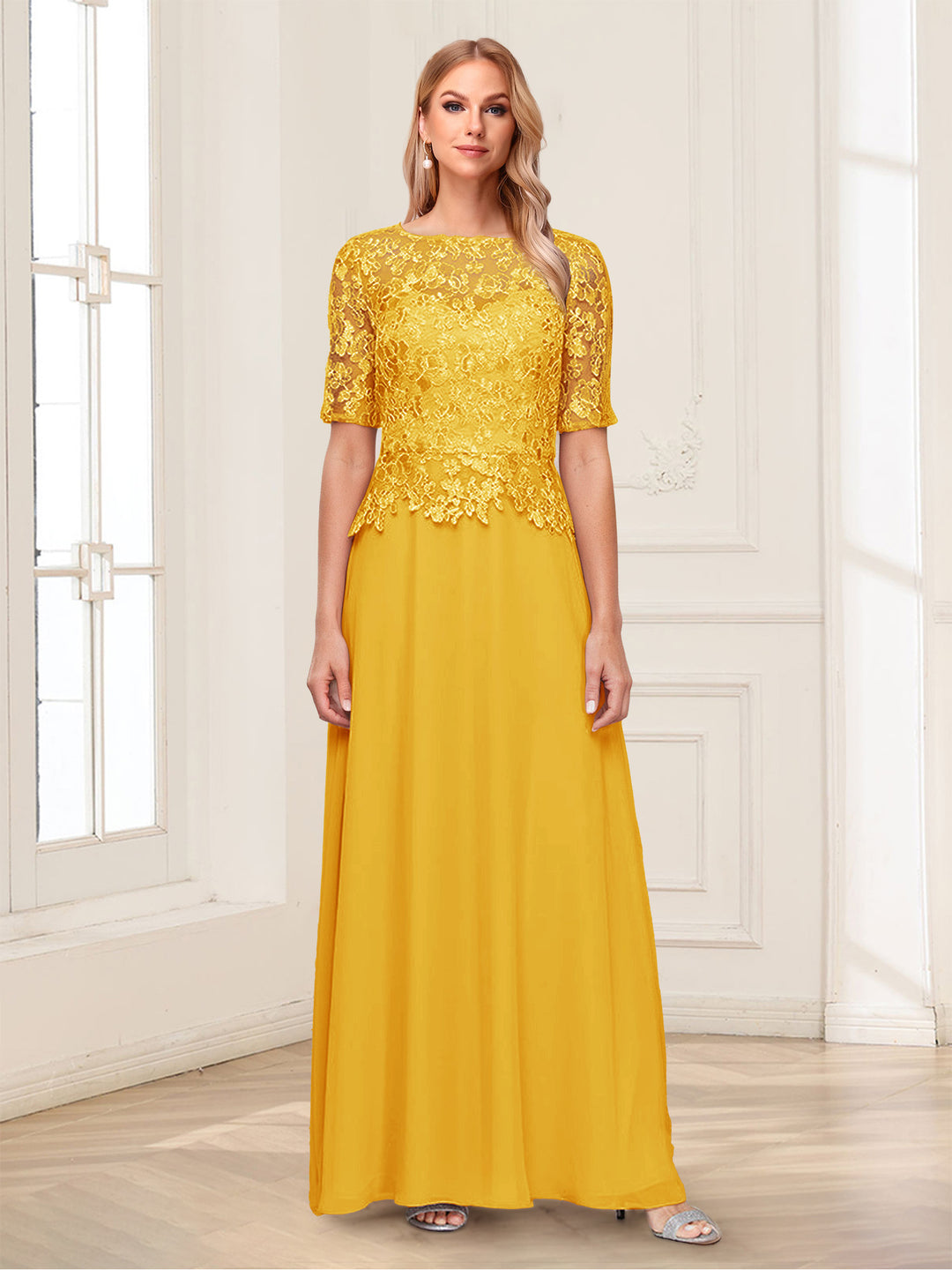 A-Line/Princess Scoop Half Sleeves Floor-Length Mother of the Bride Dresses with Applique &amp; Lace