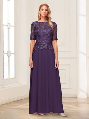 A-Line/Princess Scoop Half Sleeves Floor-Length Mother of the Bride Dresses with Applique & Lace