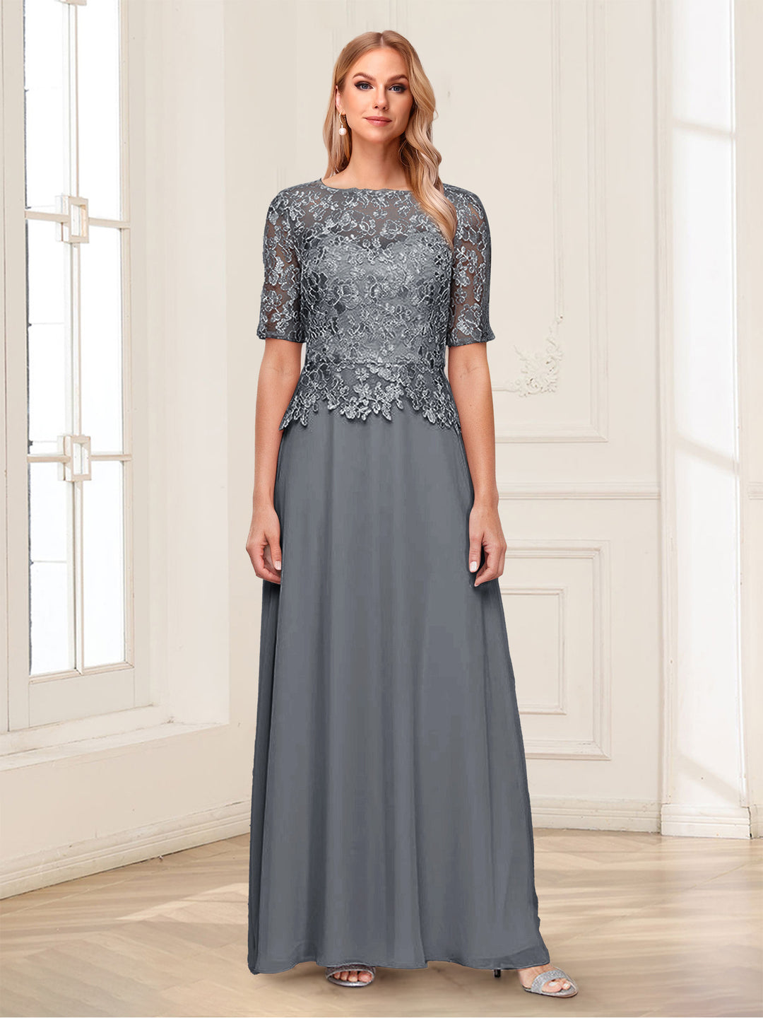 A-Line/Princess Scoop Half Sleeves Floor-Length Mother of the Bride Dresses with Applique &amp; Lace