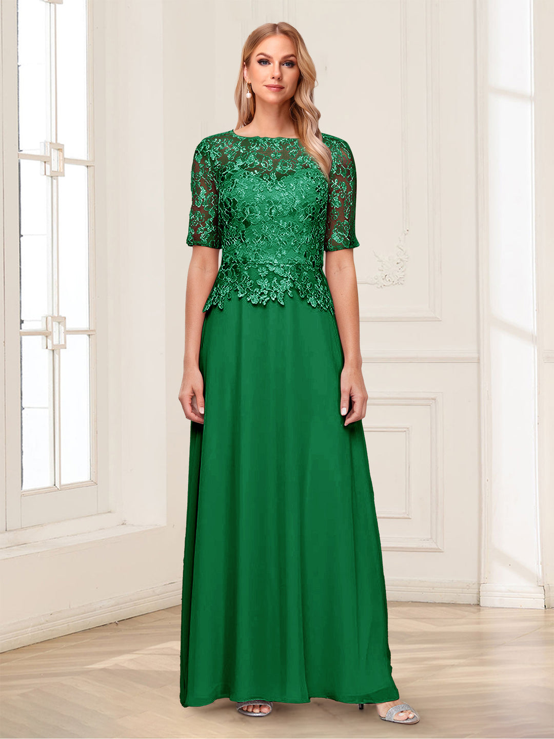 A-Line/Princess Scoop Half Sleeves Floor-Length Mother of the Bride Dresses with Applique &amp; Lace