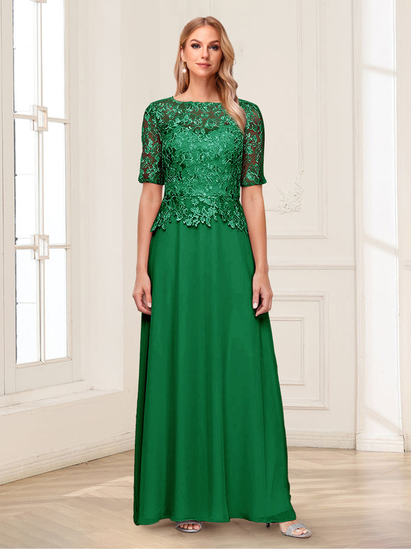 A-Line/Princess Scoop Half Sleeves Floor-Length Mother of the Bride Dresses with Applique & Lace