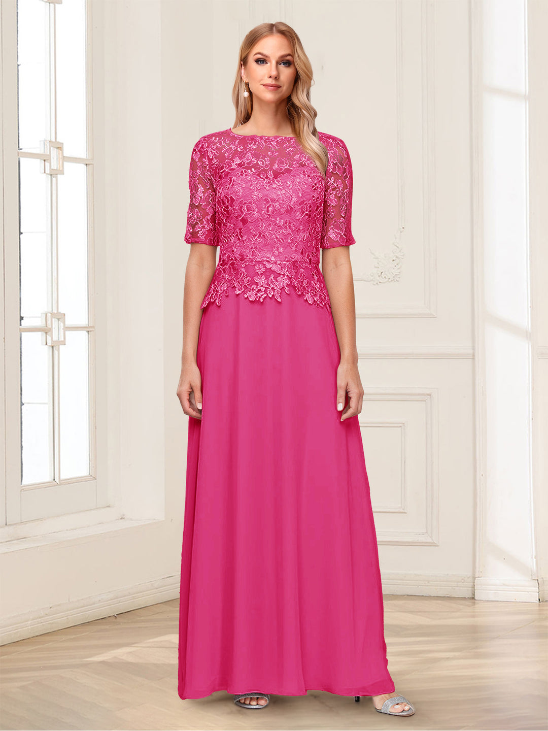 A-Line/Princess Scoop Half Sleeves Floor-Length Mother of the Bride Dresses with Applique &amp; Lace