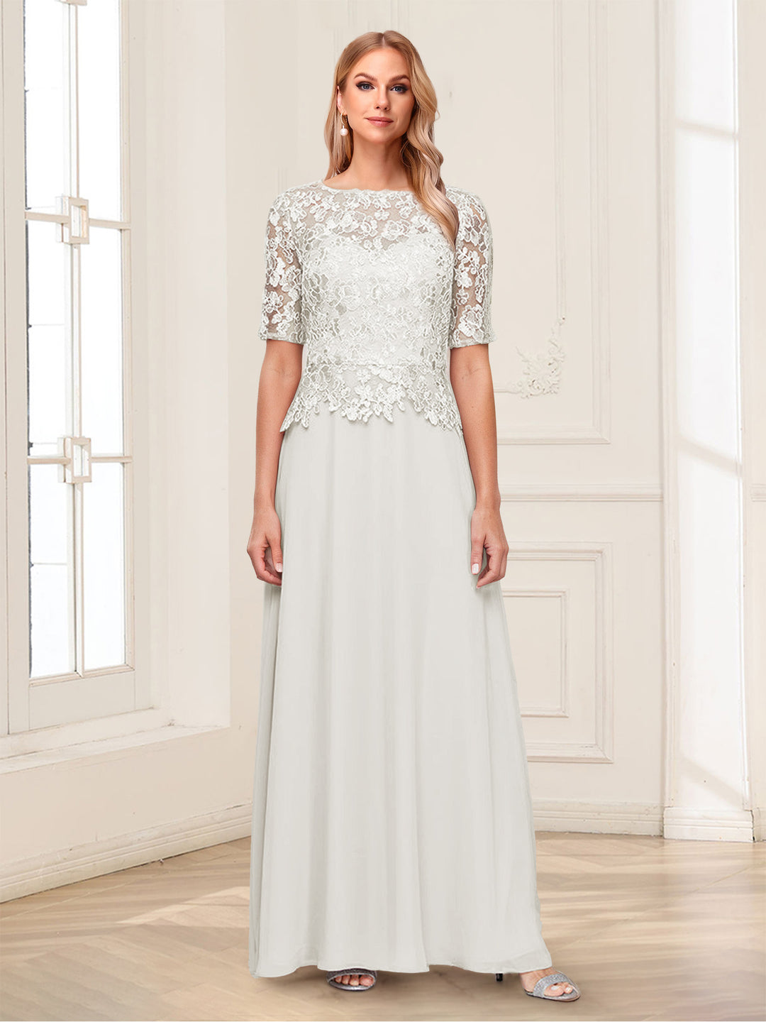 A-Line/Princess Scoop Half Sleeves Floor-Length Mother of the Bride Dresses with Applique &amp; Lace