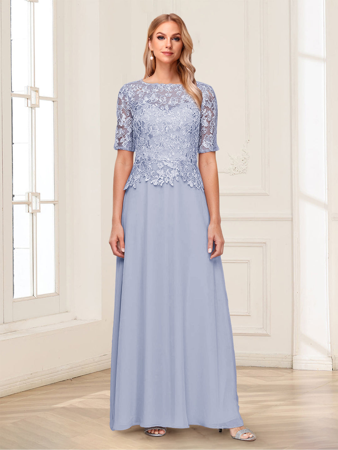 A-Line/Princess Scoop Half Sleeves Floor-Length Mother of the Bride Dresses with Applique &amp; Lace