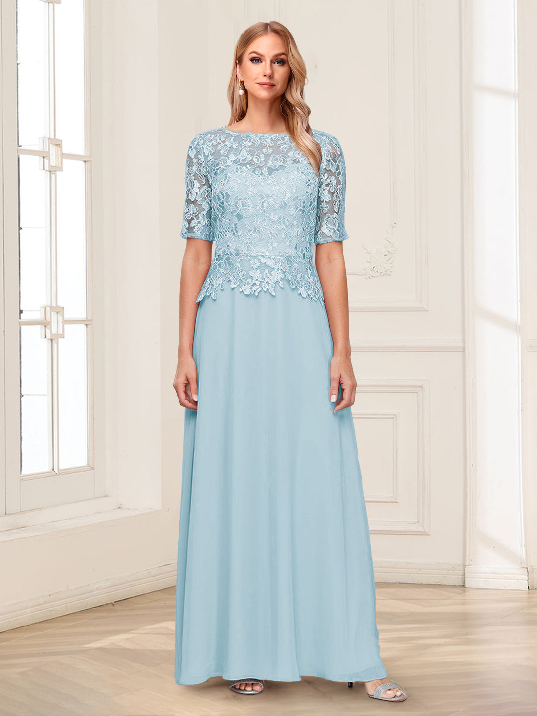 A-Line/Princess Scoop Half Sleeves Floor-Length Mother of the Bride Dresses with Applique &amp; Lace