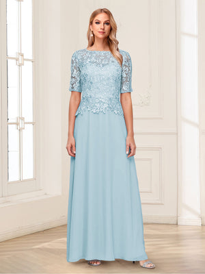 A-Line/Princess Scoop Half Sleeves Floor-Length Mother of the Bride Dresses with Applique & Lace