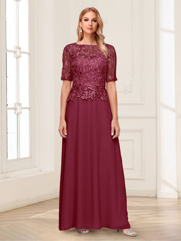 A-Line/Princess Scoop Half Sleeves Floor-Length Mother of the Bride Dresses with Applique & Lace