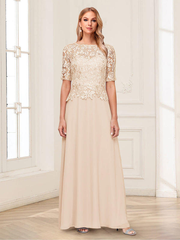 A-Line/Princess Scoop Half Sleeves Floor-Length Mother of the Bride Dresses with Applique & Lace