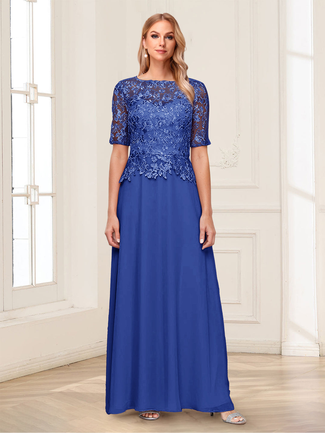 A-Line/Princess Scoop Half Sleeves Floor-Length Mother of the Bride Dresses with Applique &amp; Lace