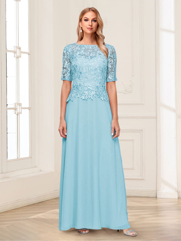 A-Line/Princess Scoop Half Sleeves Floor-Length Mother of the Bride Dresses with Applique &amp; Lace