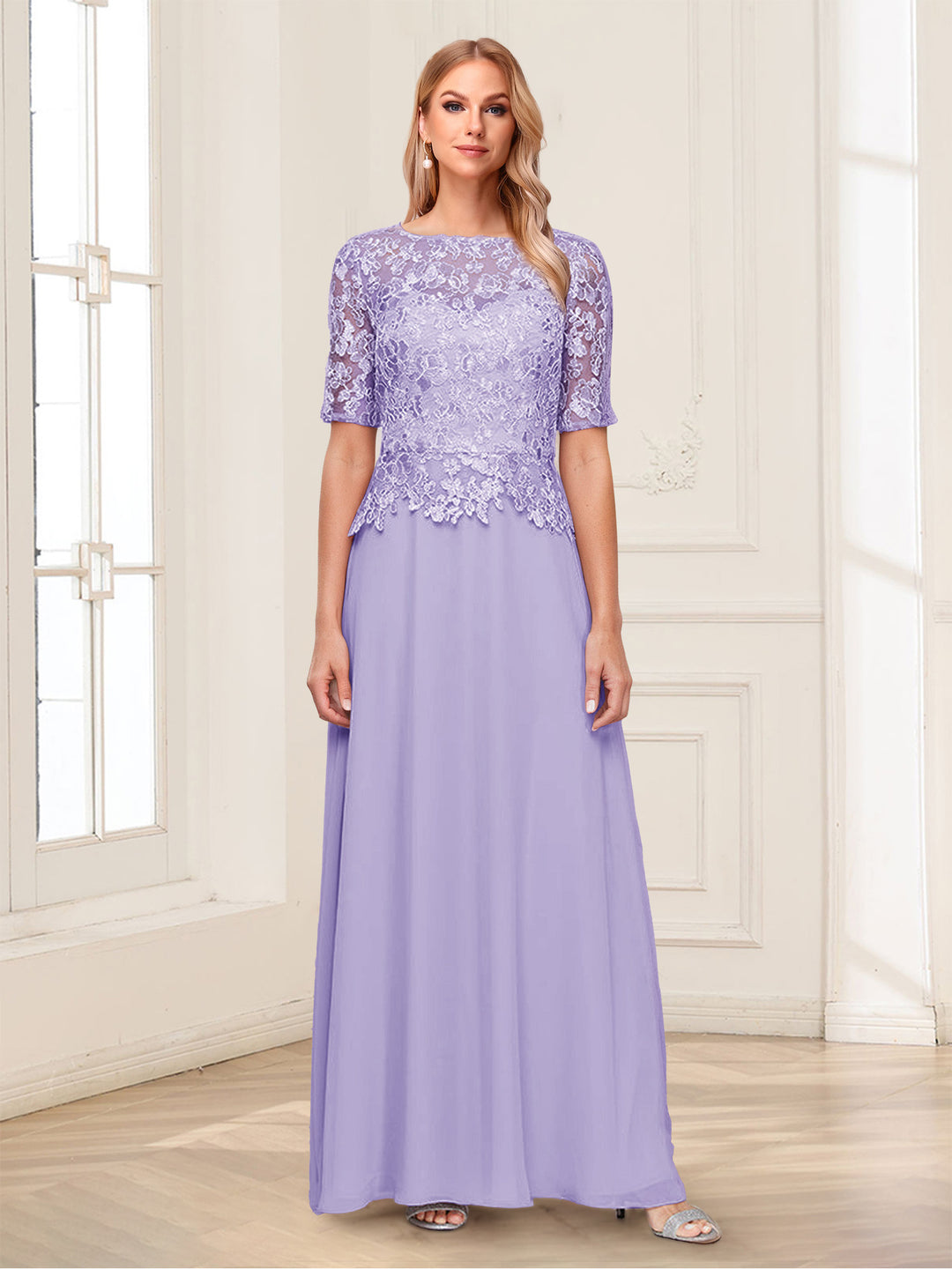 A-Line/Princess Scoop Half Sleeves Floor-Length Mother of the Bride Dresses with Applique &amp; Lace