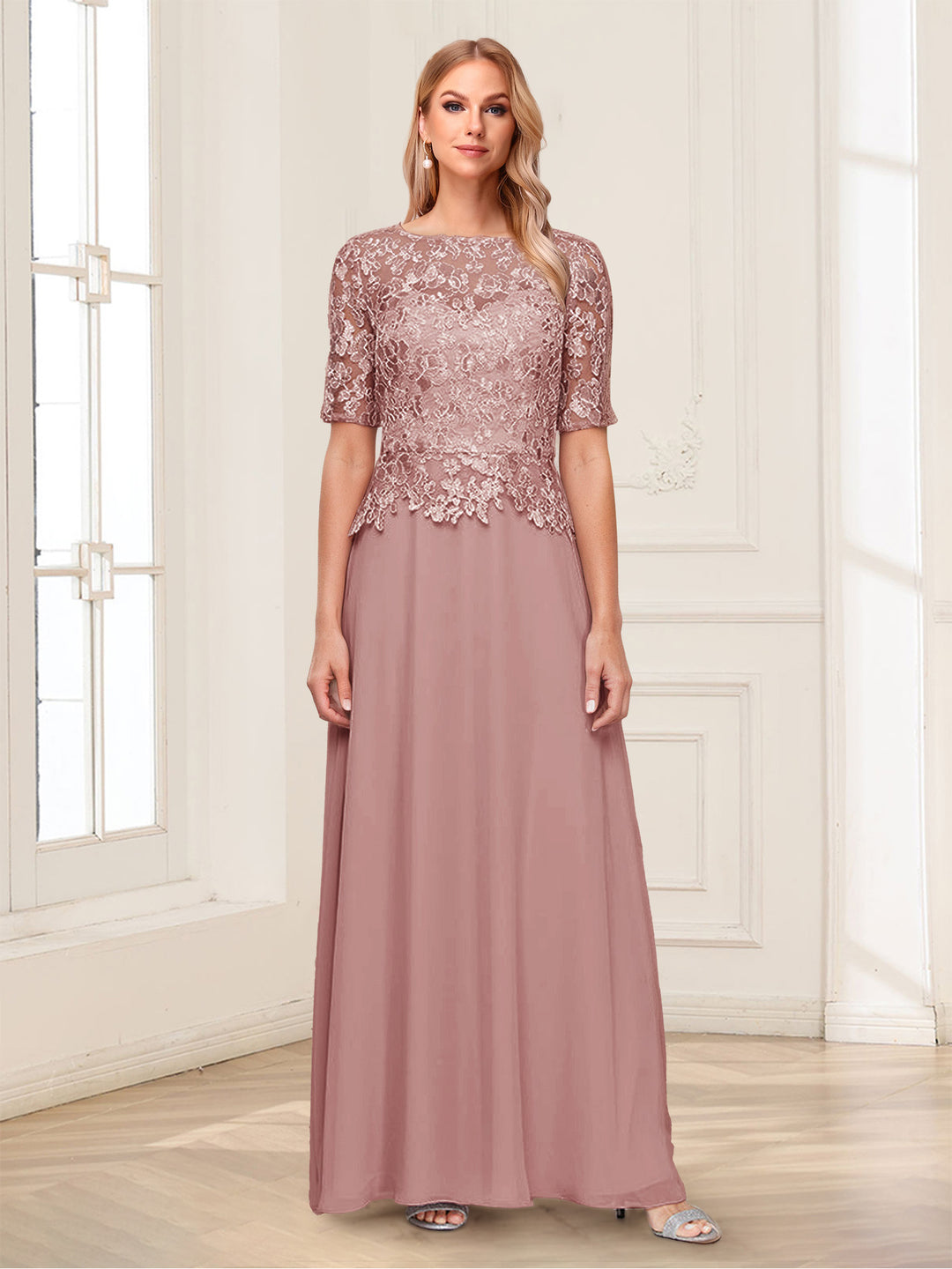 A-Line/Princess Scoop Half Sleeves Floor-Length Mother of the Bride Dresses with Applique &amp; Lace