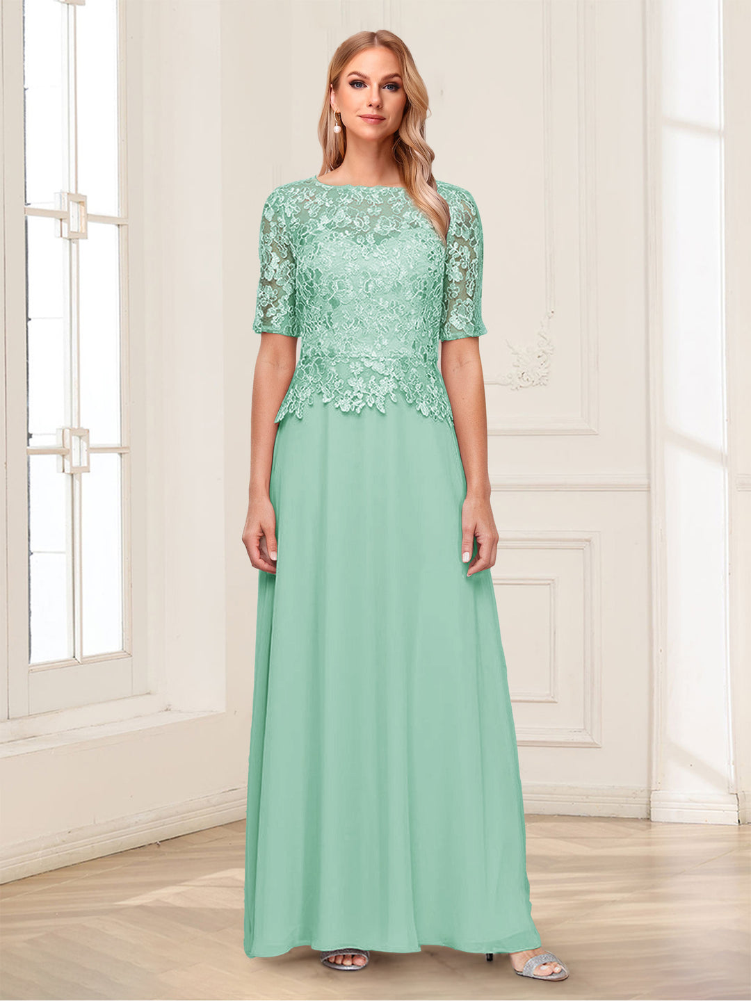 A-Line/Princess Scoop Half Sleeves Floor-Length Mother of the Bride Dresses with Applique &amp; Lace