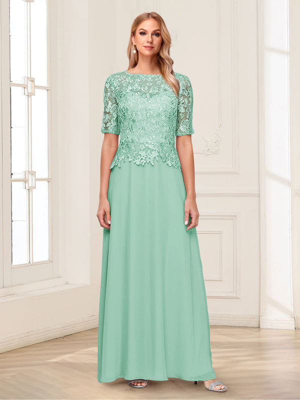 A-Line/Princess Scoop Half Sleeves Floor-Length Mother of the Bride Dresses with Applique & Lace