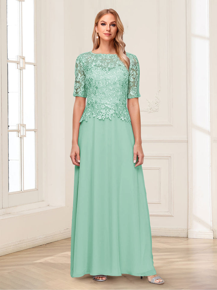A-Line/Princess Scoop Half Sleeves Floor-Length Mother of the Bride Dresses with Applique &amp; Lace