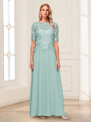 A-Line/Princess Scoop Half Sleeves Floor-Length Mother of the Bride Dresses with Applique & Lace