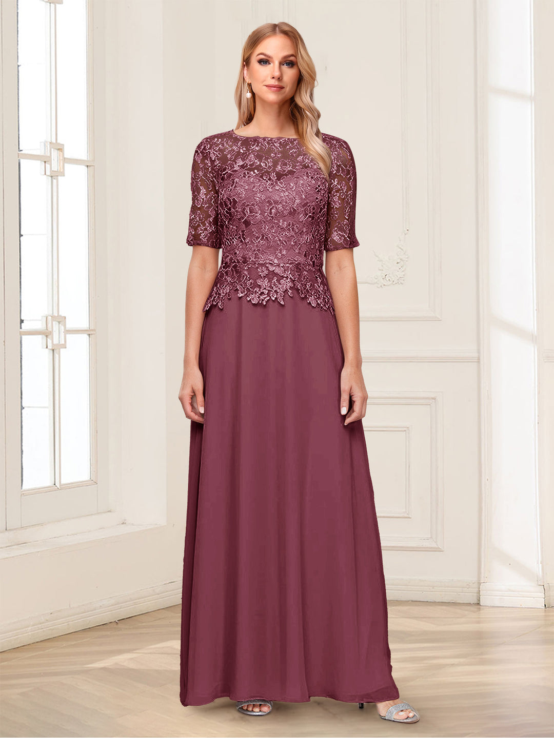 A-Line/Princess Scoop Half Sleeves Floor-Length Mother of the Bride Dresses with Applique &amp; Lace