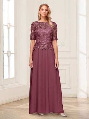 A-Line/Princess Scoop Half Sleeves Floor-Length Mother of the Bride Dresses with Applique & Lace