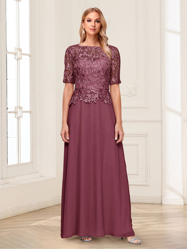 A-Line/Princess Scoop Half Sleeves Floor-Length Mother of the Bride Dresses with Applique & Lace