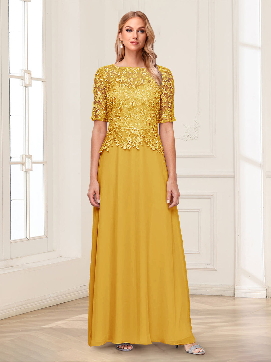 A-Line/Princess Scoop Half Sleeves Floor-Length Mother of the Bride Dresses with Applique &amp; Lace