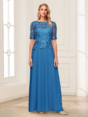 A-Line/Princess Scoop Half Sleeves Floor-Length Mother of the Bride Dresses with Applique & Lace