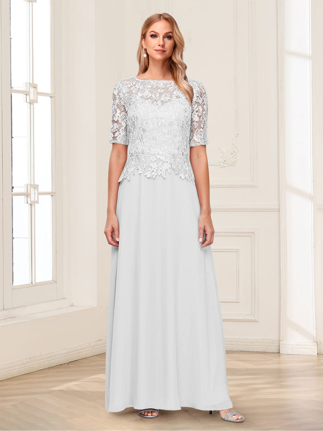A-Line/Princess Scoop Half Sleeves Floor-Length Mother of the Bride Dresses with Applique &amp; Lace