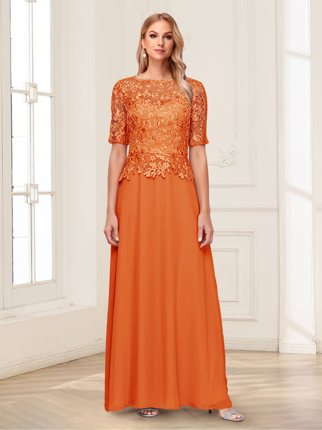 A-Line/Princess Scoop Half Sleeves Floor-Length Mother of the Bride Dresses with Applique &amp; Lace