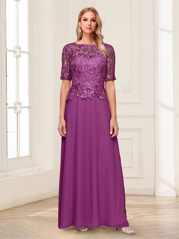 A-Line/Princess Scoop Half Sleeves Floor-Length Mother of the Bride Dresses with Applique & Lace