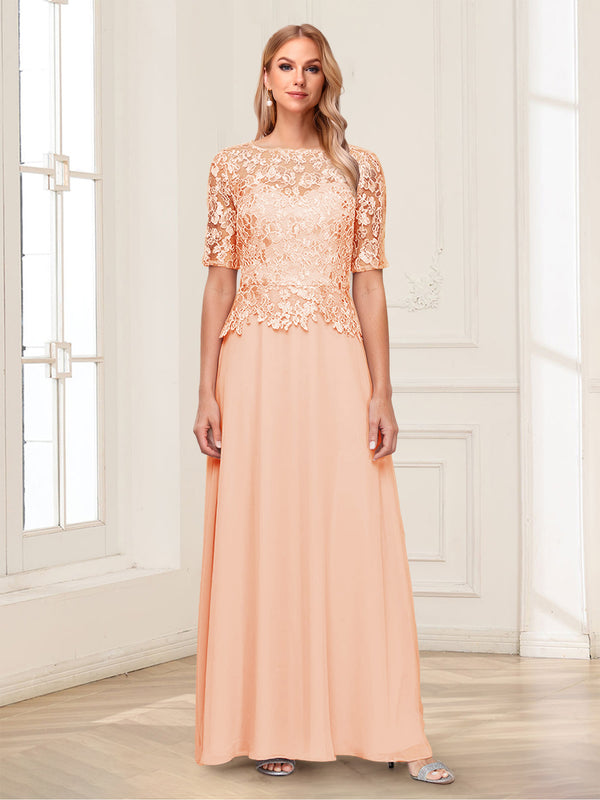 A-Line/Princess Scoop Half Sleeves Floor-Length Mother of the Bride Dresses with Applique & Lace