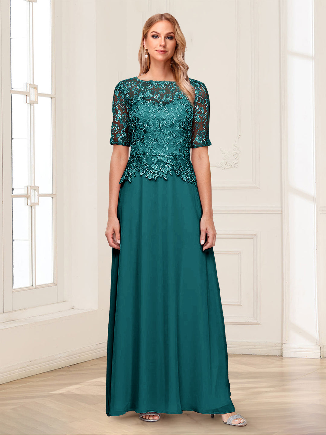 A-Line/Princess Scoop Half Sleeves Floor-Length Mother of the Bride Dresses with Applique &amp; Lace