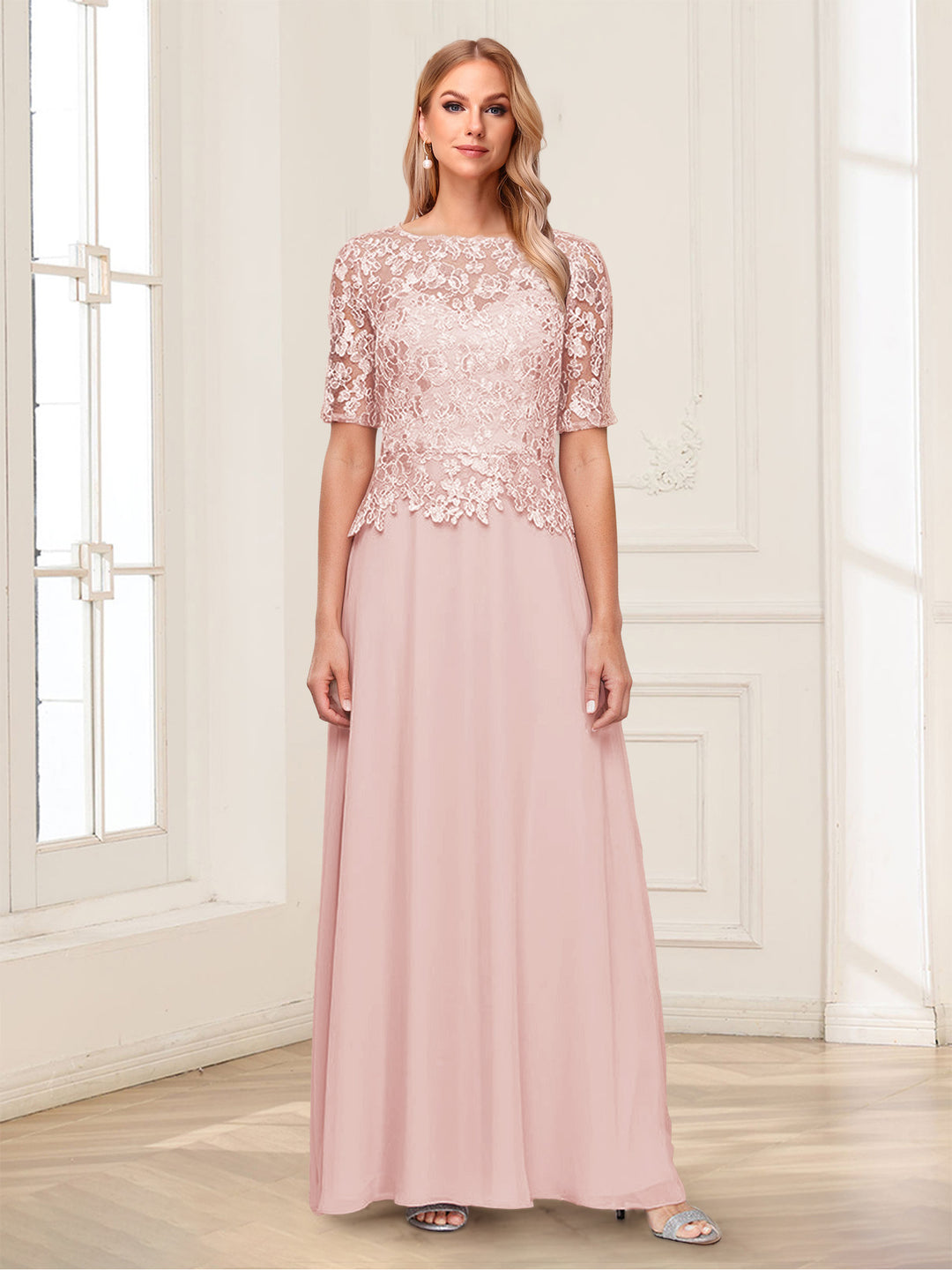 A-Line/Princess Scoop Half Sleeves Floor-Length Mother of the Bride Dresses with Applique &amp; Lace