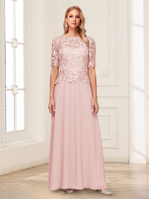 A-Line/Princess Scoop Half Sleeves Floor-Length Mother of the Bride Dresses with Applique & Lace