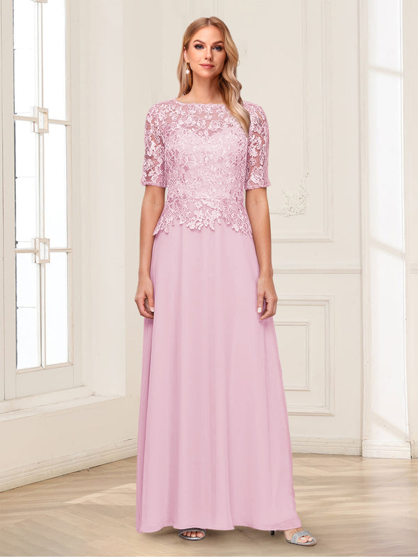 A-Line/Princess Scoop Half Sleeves Floor-Length Mother of the Bride Dresses with Applique & Lace