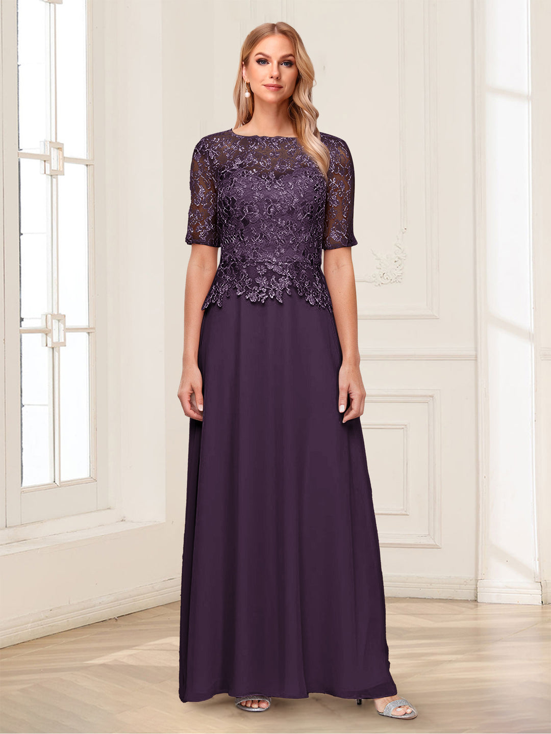 A-Line/Princess Scoop Half Sleeves Floor-Length Mother of the Bride Dresses with Applique &amp; Lace