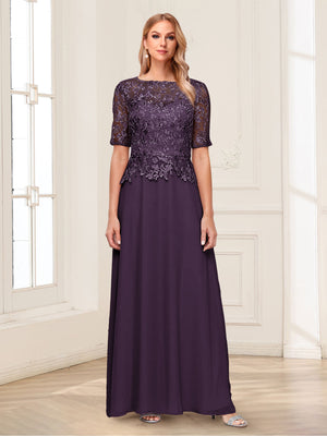 A-Line/Princess Scoop Half Sleeves Floor-Length Mother of the Bride Dresses with Applique & Lace