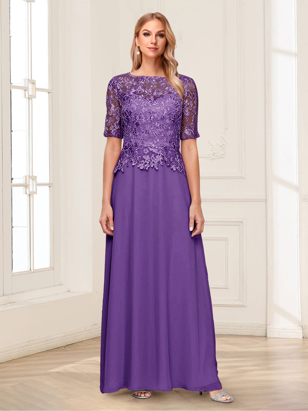A-Line/Princess Scoop Half Sleeves Floor-Length Mother of the Bride Dresses with Applique &amp; Lace