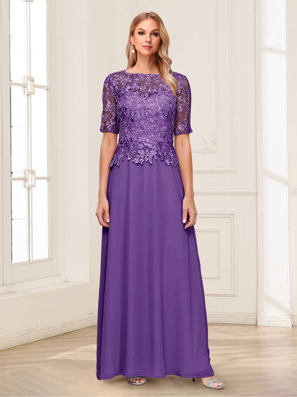 A-Line/Princess Scoop Half Sleeves Floor-Length Mother of the Bride Dresses with Applique & Lace