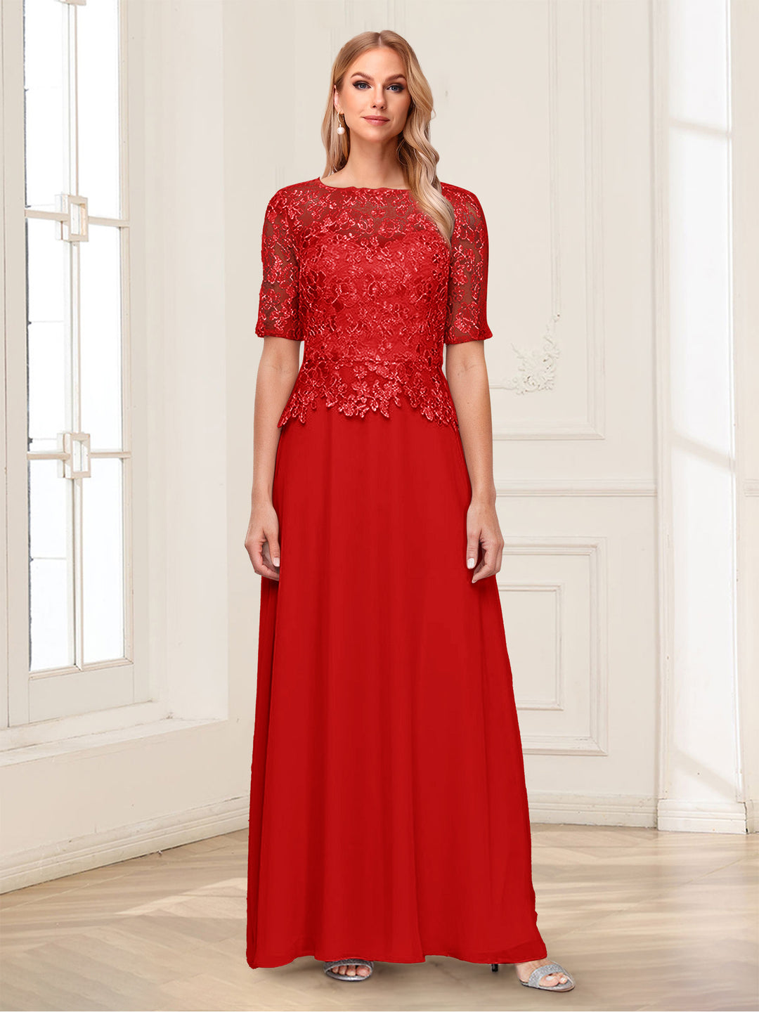 A-Line/Princess Scoop Half Sleeves Floor-Length Mother of the Bride Dresses with Applique &amp; Lace