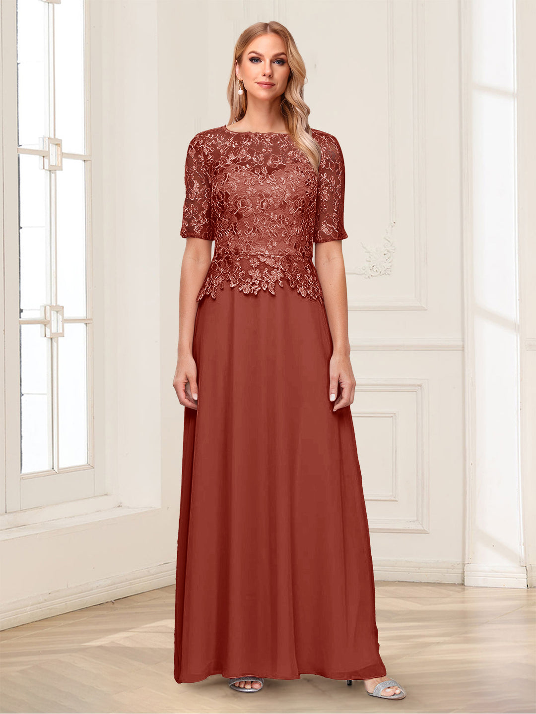 A-Line/Princess Scoop Half Sleeves Floor-Length Mother of the Bride Dresses with Applique &amp; Lace