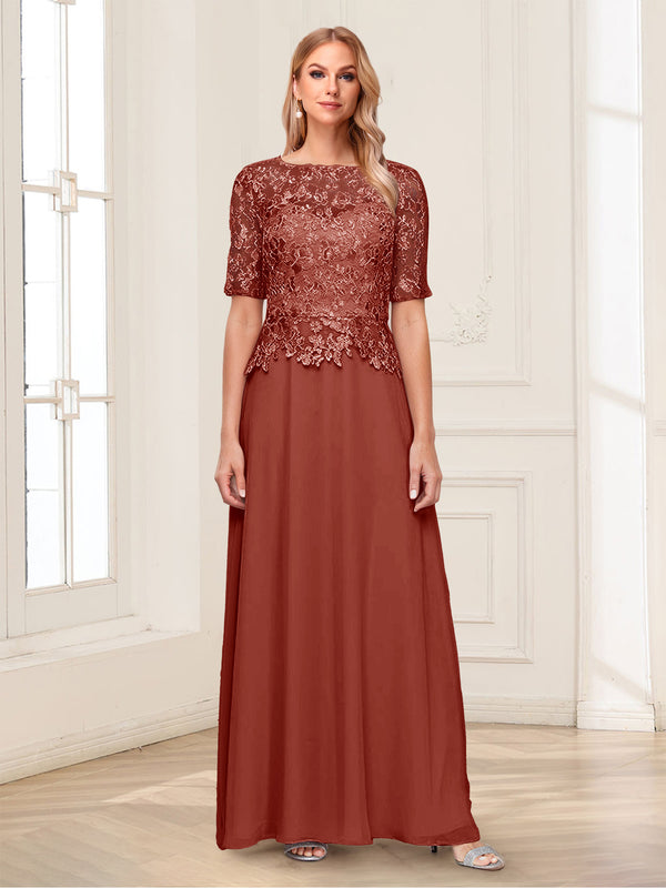 A-Line/Princess Scoop Half Sleeves Floor-Length Mother of the Bride Dresses with Applique & Lace