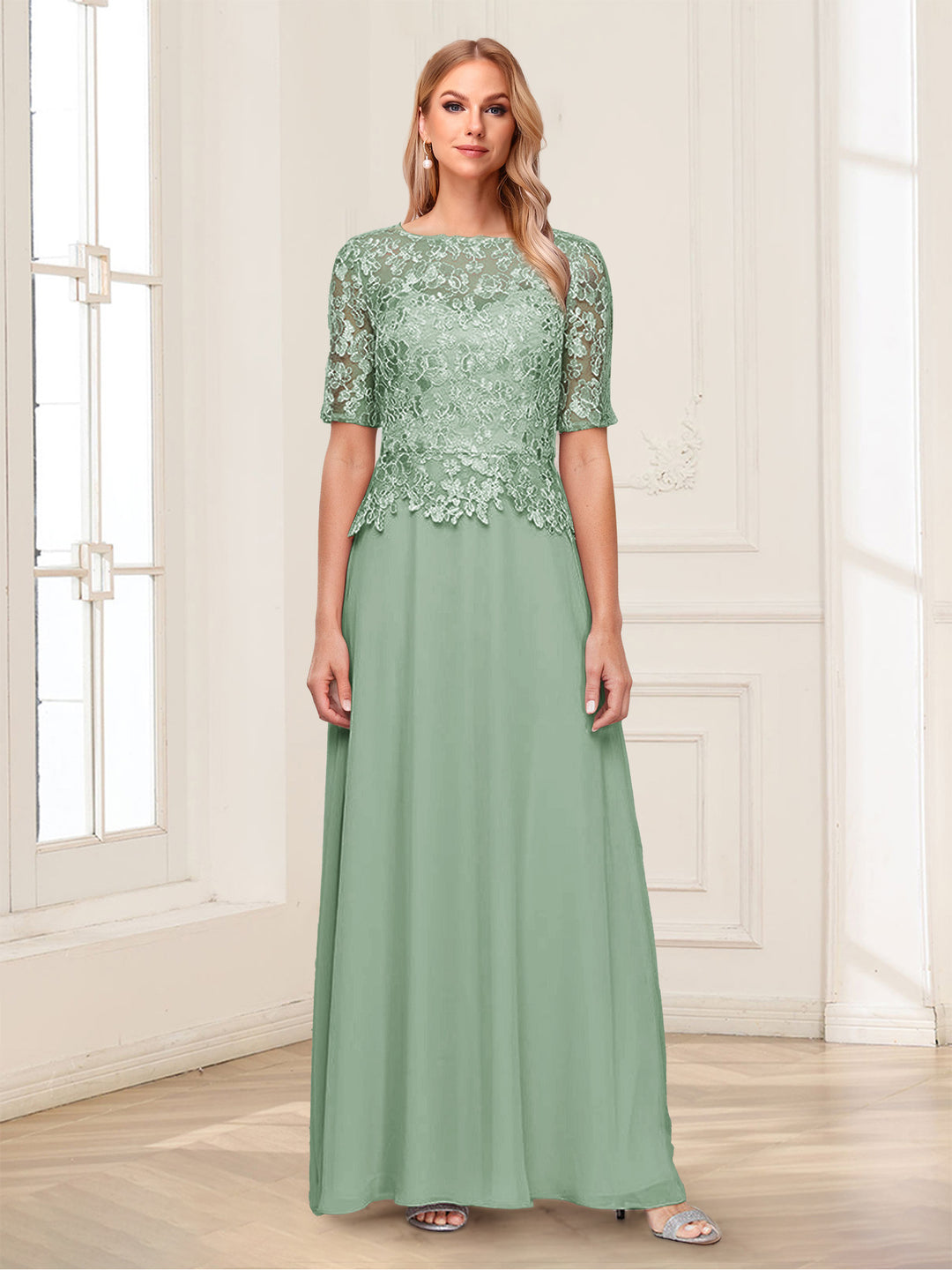 A-Line/Princess Scoop Half Sleeves Floor-Length Mother of the Bride Dresses with Applique &amp; Lace