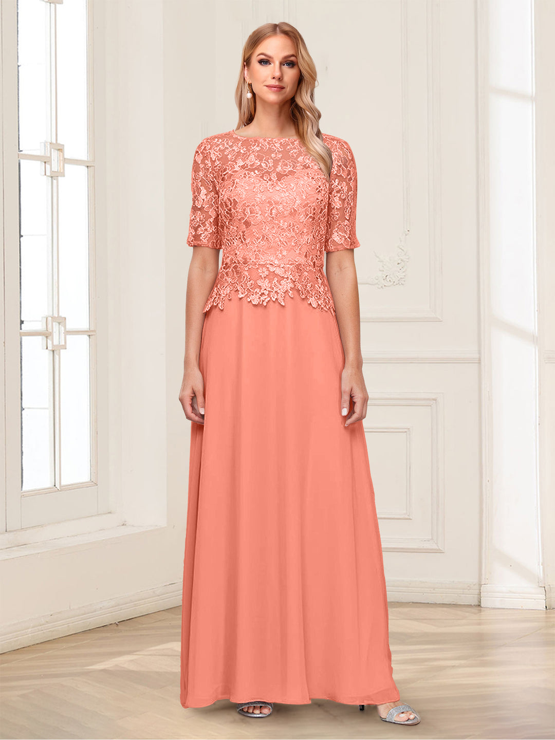 A-Line/Princess Scoop Half Sleeves Floor-Length Mother of the Bride Dresses with Applique &amp; Lace