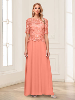 A-Line/Princess Scoop Half Sleeves Floor-Length Mother of the Bride Dresses with Applique & Lace