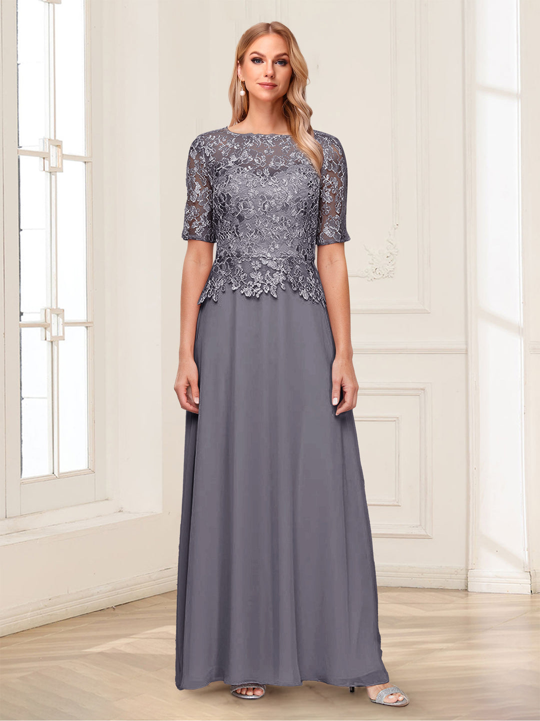 A-Line/Princess Scoop Half Sleeves Floor-Length Mother of the Bride Dresses with Applique &amp; Lace