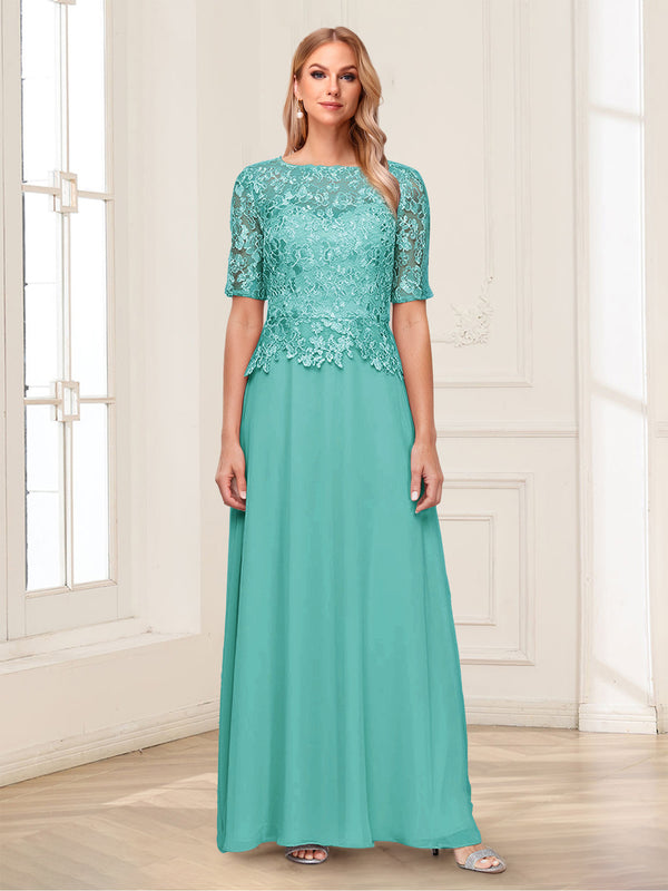 A-Line/Princess Scoop Half Sleeves Floor-Length Mother of the Bride Dresses with Applique & Lace
