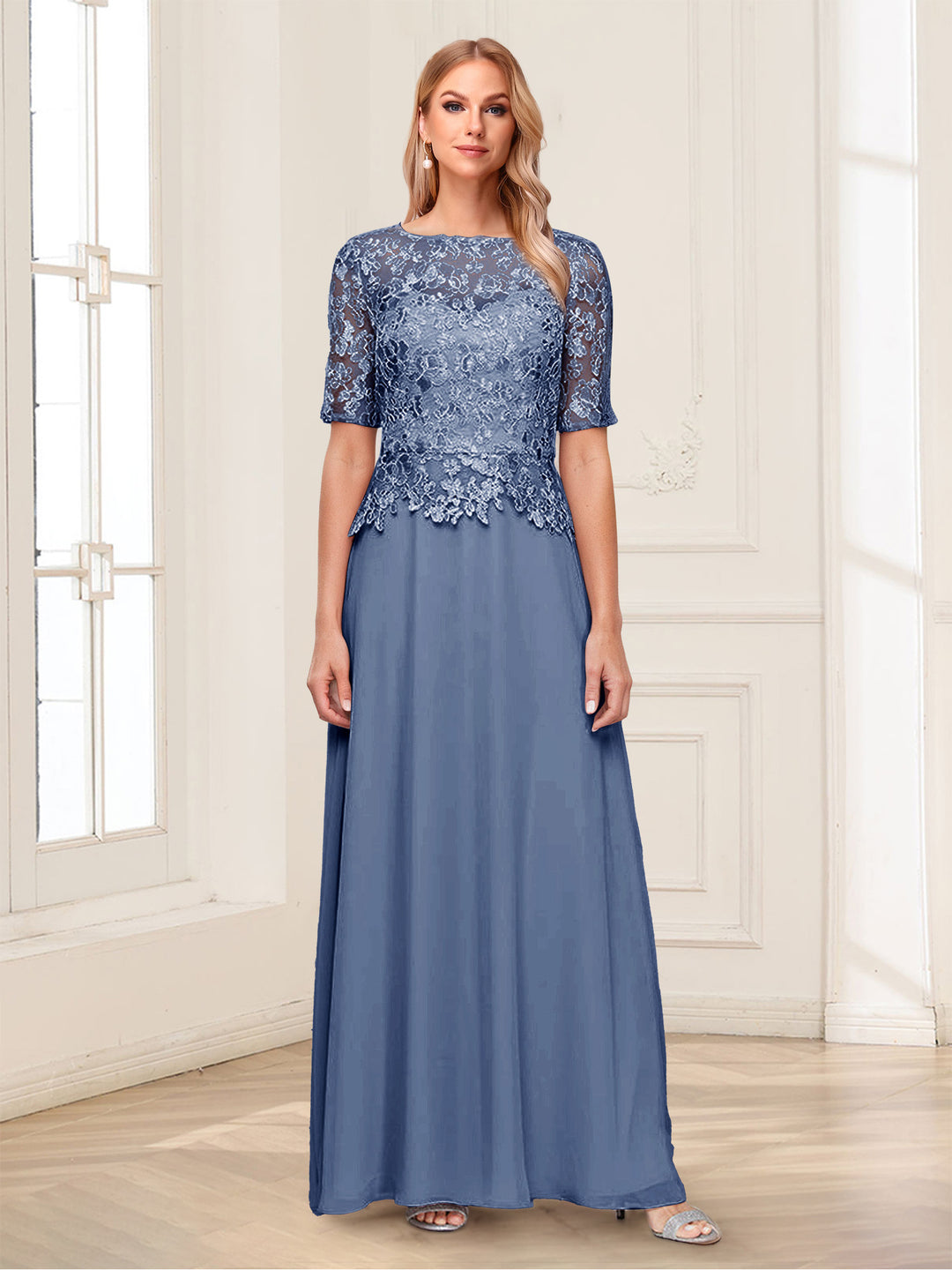 A-Line/Princess Scoop Half Sleeves Floor-Length Mother of the Bride Dresses with Applique &amp; Lace
