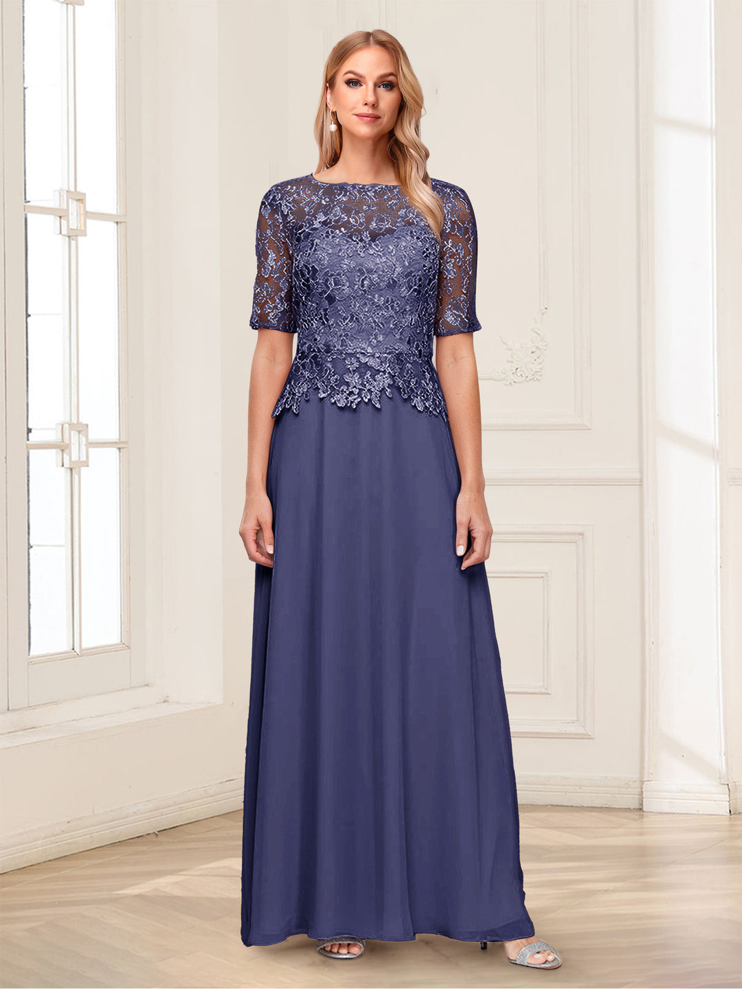 A-Line/Princess Scoop Half Sleeves Floor-Length Mother of the Bride Dresses with Applique &amp; Lace