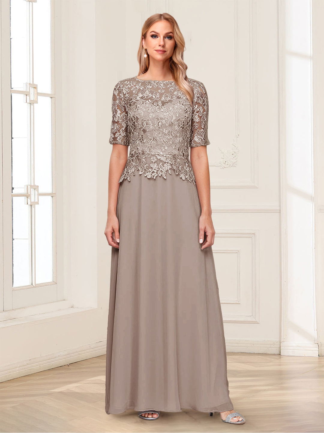 A-Line/Princess Scoop Half Sleeves Floor-Length Mother of the Bride Dresses with Applique &amp; Lace